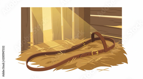 Old leather horse bridle resting on hay inside a rustic barn