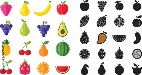 Fruit Icon Vector Set Featuring Colorful Fruits and Black Silhouette Icons Including Apple, Banana, Grape, Watermelon and Tropical Fruits Isolated on White