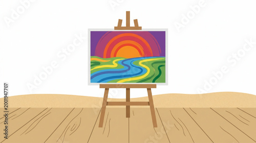 Illustration of a sunset landscape painting on an easel