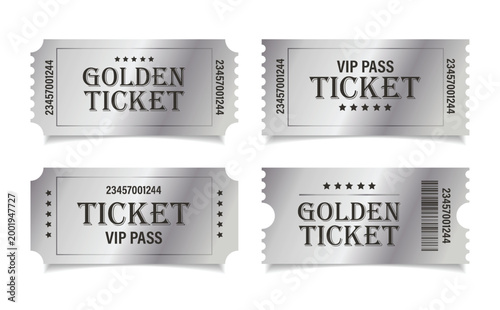 Vip Silver ticket mockup set. Luxury style and silver colors template Tickets Set. For cinema, sale coupon, circus, theater, festival. Minimalist coupons. Isolated background