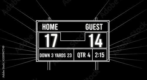 Black and white digital sports scoreboard displaying HOME 17 and GUEST 14, with detailed game stats like down, yards, quarter, and time remaining, on a dark background.