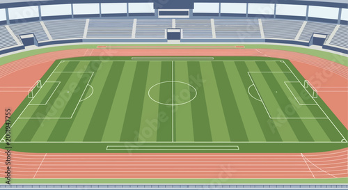 Empty multi-sport outdoor stadium with a green soccer pitch, running track, and stadium stands, in bright daylight.