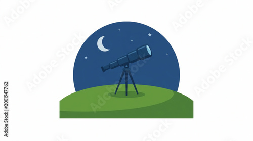 Telescope pointed at the night sky with moon and stars