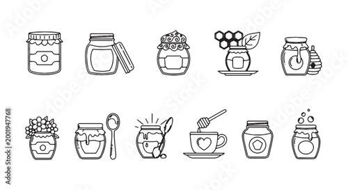 Food, drink icons, 12 jar line illustrations, honey, coffee, fruit, tea, sweet treats