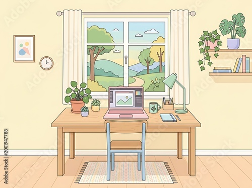 Cozy home office workspace with desk laptop plants and window overlooking nature landscape