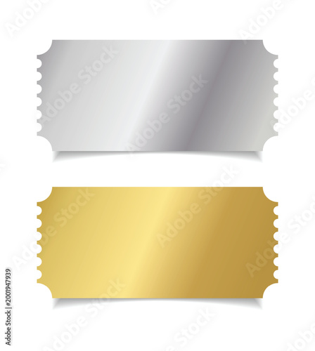 Vip Golden and Silver ticket mockup set. Luxury style and gold and silver colors template Tickets Set. For cinema, sale coupon, circus, theater, festival. Minimalist coupons. Isolated background