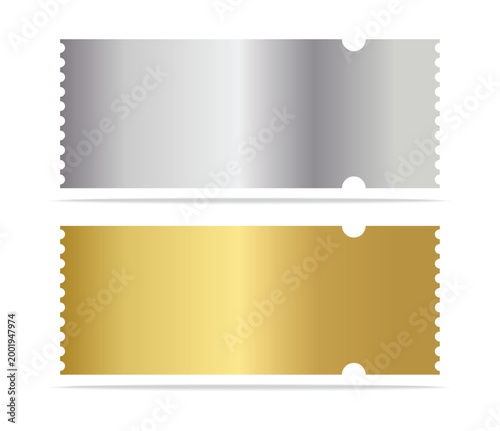 Vip Golden and Silver ticket mockup set. Luxury style and gold and silver colors template Tickets Set. For cinema, sale coupon, circus, theater, festival. Minimalist coupons. Isolated background