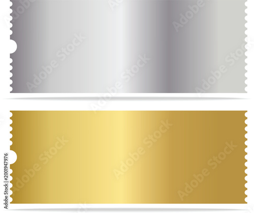 Vip Golden and Silver ticket mockup set. Luxury style and gold and silver colors template Tickets Set. For cinema, sale coupon, circus, theater, festival. Minimalist coupons. Isolated background