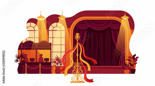Flat vector illustration of a theater stage with vintage microphone