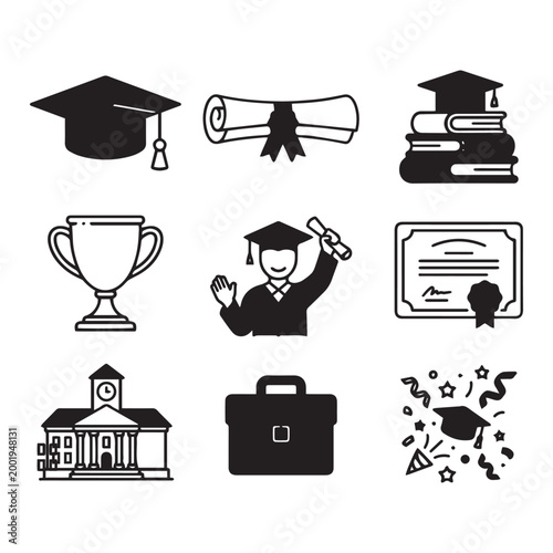 Graduation education icon set with diploma, cap, trophy, certificate, student, school building and celebration symbols vector style.