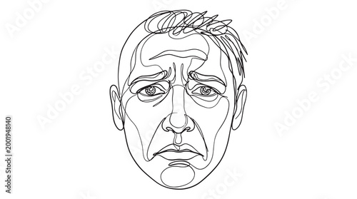 Continuous line art illustration of a sad and worried man's face, depicting emotions of stress and despair, minimalist vector graphic concept