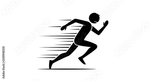 Dynamic silhouette of a male runner sprinting fast with speed lines, on an isolated white background, depicting speed and motion.