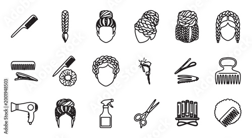 Hair styling icons, 20 black line illustrations, haircare tools and hairstyles, beauty and salon vector graphics