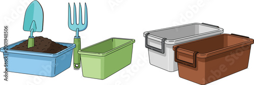 Gardening Tools and Storage Containers Vector Illustration Set with Trowel Fork Soil Box and Plastic Bins for Home Garden Organization Isolated on White Background