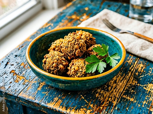 Delicious falafel in a blue ceramic bowl on a rustic wooden table next to a fork and glass of water  a tasty Middle Eastern vegetarian meal
