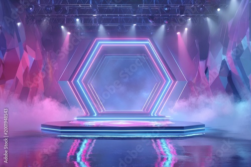 Retro-futuristic hexagon neon installation over a stylized fashion show platform