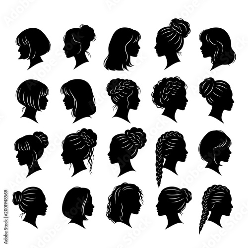 Collection of women's hairstyle profile silhouettes.