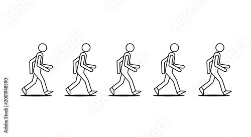 Series of Stick Figure Persons Walking Forward, Continuous Movement on an Isolated White Background.