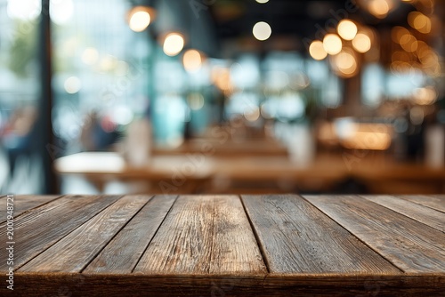 Wooden table top with blurred restaurant interior background.