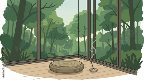 Meditation room with zen cushion and incense stick
