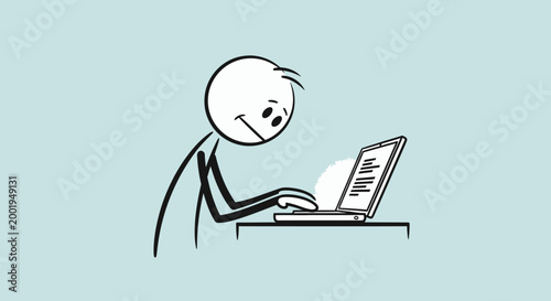 Happy stick figure smiling and diligently working on a laptop at a desk in a light blue background, feeling productive and engaged.