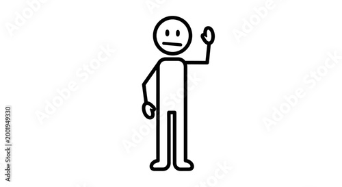 Stick figure standing upright and politely waving a hand in greeting with a neutral expression, isolated white background.