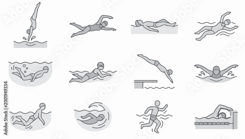 Swimming strokes and body positions.