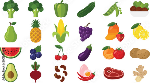 Fruits vegetables and food ingredients collection including fresh produce meat and spices colorful flat vector illustration set isolated on white background