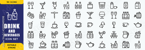 Drink and beverages Icon set. Contain icons related to various foods and drinks. Editable stroke. Vector illustration