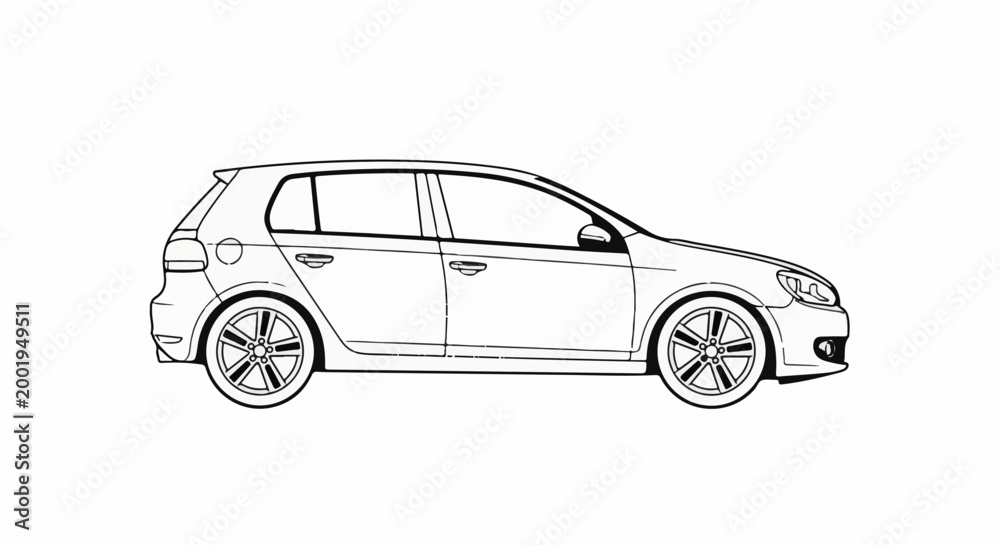 Obraz premium A clean, side-view line drawing of a modern hatchback automobile