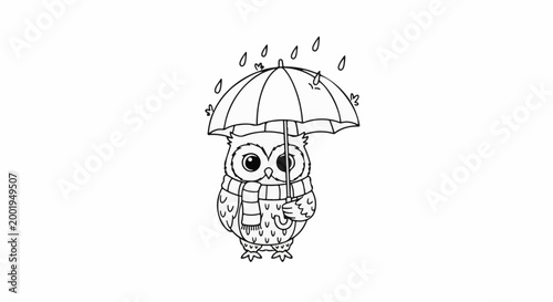 A cute cartoon owl wearing a scarf under an umbrella in the rain