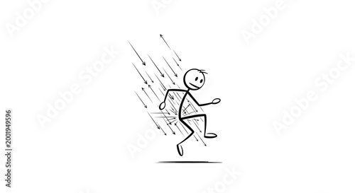 Stick figure running downwards with arrows indicating falling rain or overwhelming pressure, depicting struggle and adversity, in a bright studio background.