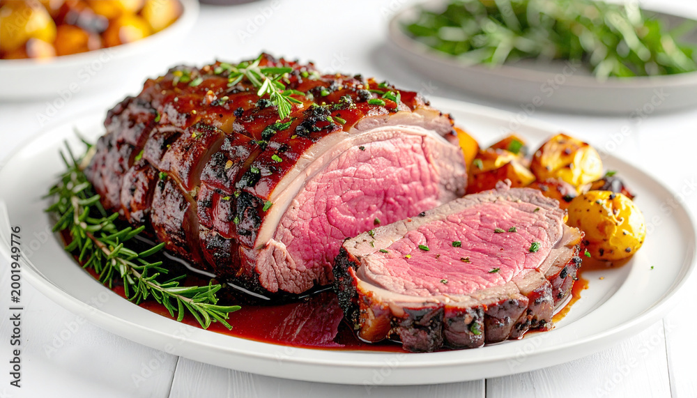 Fototapeta premium Prime rib roast, white serving platter, closeup. AI