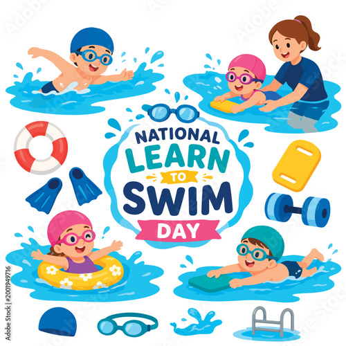 Children learning to swim in pool National Learn to Swim Day