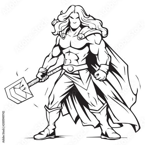 Coloring page of superhero with a powerful hammer Victor Illustrations