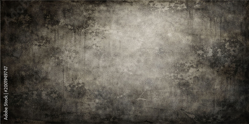 A dark aged metal texture with a grungy vintage pattern on a rough grey concrete wall surface backdrop