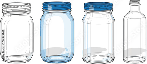 Glass Jar and Bottle Set Illustration Featuring Empty Transparent Containers with Lids for Storage Packaging Kitchen Use and Product Mockup Design