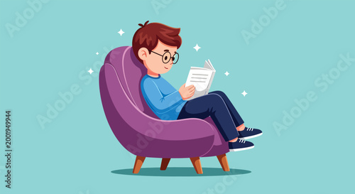 A young man wearing glasses sitting comfortably in a purple armchair and reading a book.