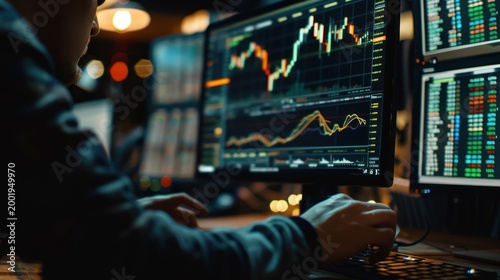 Person analyzing financial data on multiple screens