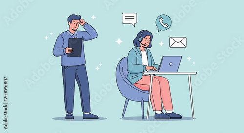 Business professionals working together on digital communication and office tasks.