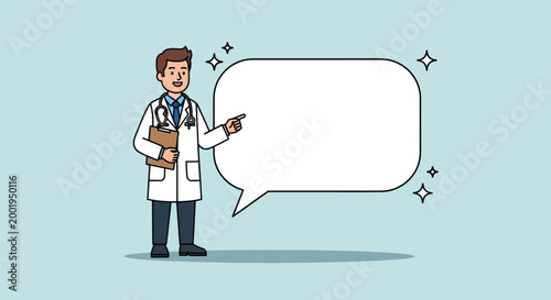 Cartoon doctor character pointing at a blank speech bubble.