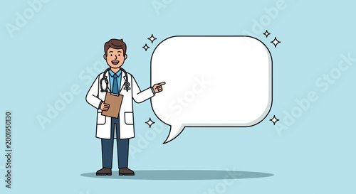 Cartoon doctor character pointing at a large empty speech bubble for text.