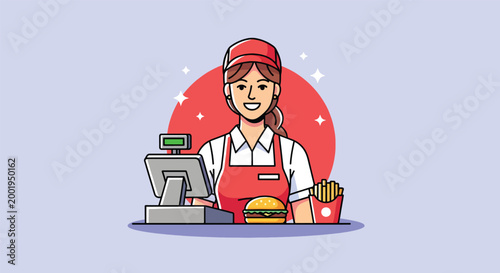 Cartoon Illustration of a Smiling Fast Food Cashier at the Register.
