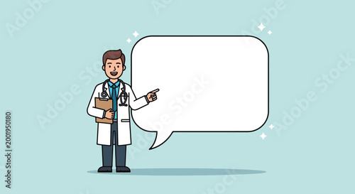Cartoon Male Doctor Holding Clipboard Pointing to Empty Speech Bubble for Medical Presentation.
