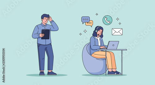 Customer Support Concept with Woman at Laptop and Confused Man with Tablet.
