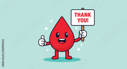 Cute Blood Drop Character Holding Thank You Sign and Thumbs Up.