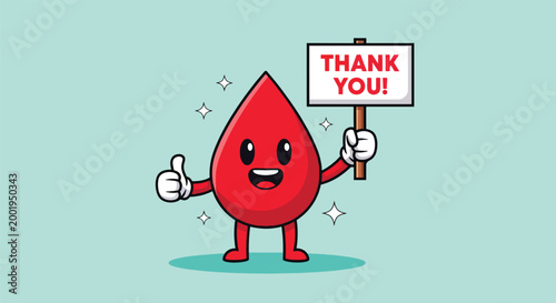Cute blood drop character giving a thumbs up and holding a thank you sign.
