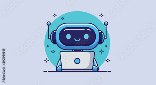 Cute Blue Robot Working on Laptop Cartoon Illustration.