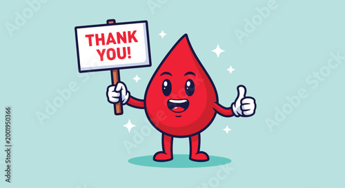 Cute blood drop mascot holding a thank you sign with thumbs up.
