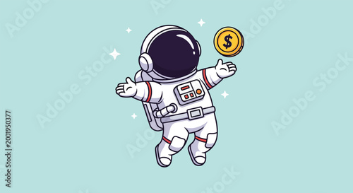 Cute cartoon astronaut floating in space with a golden dollar coin.